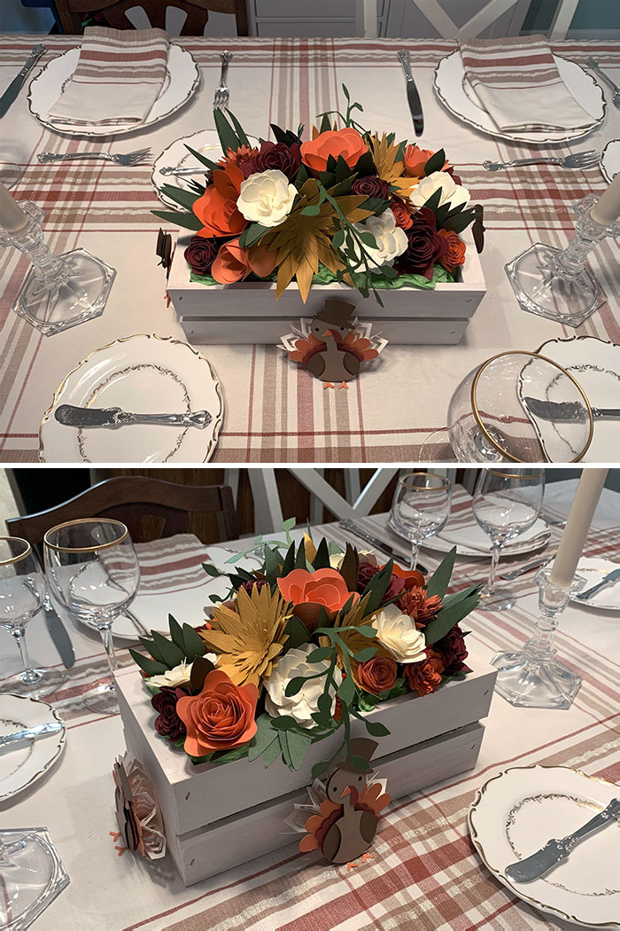 My Cat Likes To Munch On Real Flowers, So I Made Some Paper Ones With My Maker For A Thanksgiving Centerpiece