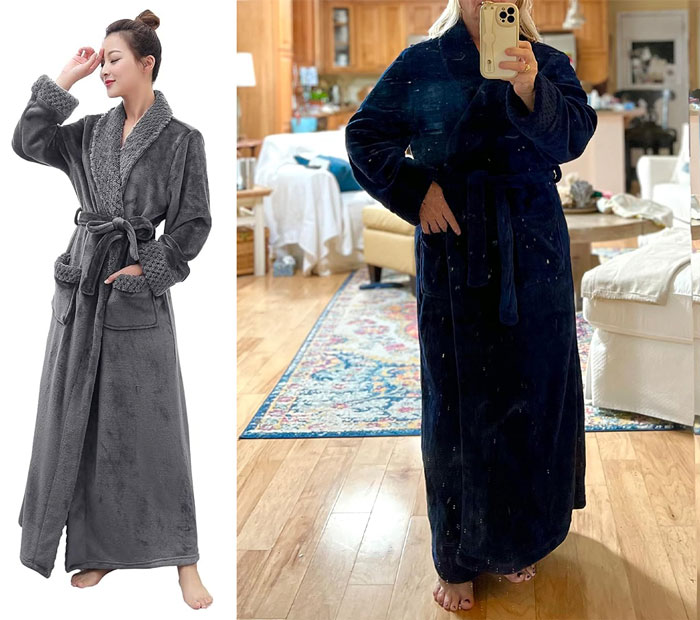 Long Bath Robe: Perfect for lounging and warming up after a chilly winter shower, features deep pockets and machine washability, offering a cozy survival essential for the cold season.