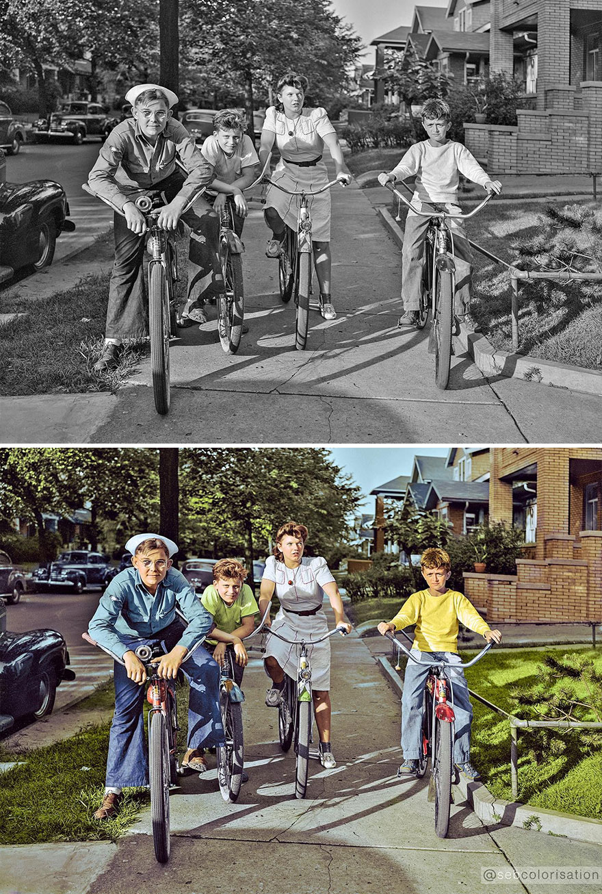 Boys And Girl On Bicycles, Detroit, Michigan, July 1942