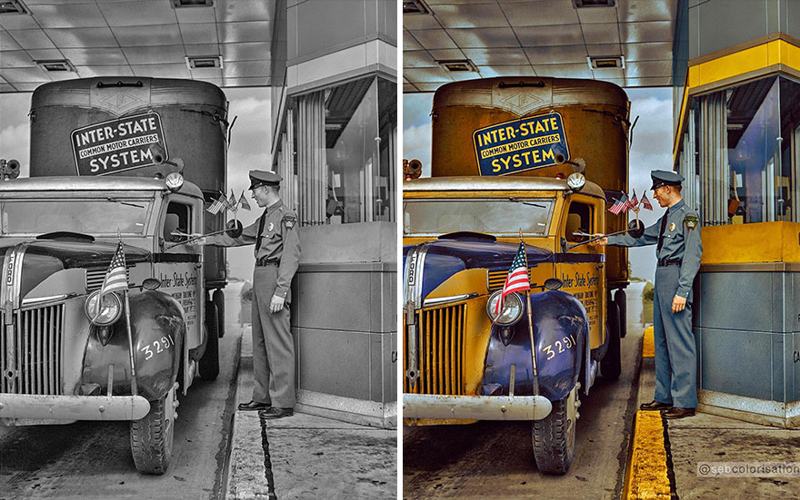 Pennsylvania Turnpike. Trucker Paying Toll, July 1942