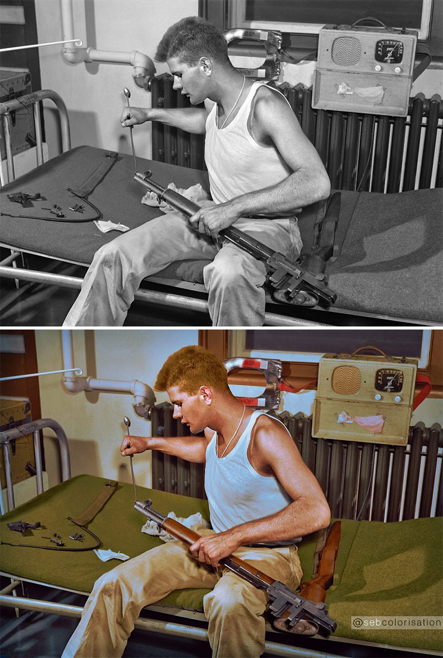 September 1942. "Fort Belvoir, Virginia. Sergeant George Camplair Cleans His Rifle Regularly"