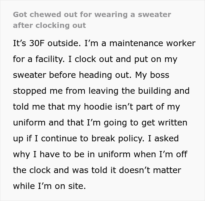 Boss Immaturely Threatens To Write Worker Up For Wearing A Sweater After Clocking Out