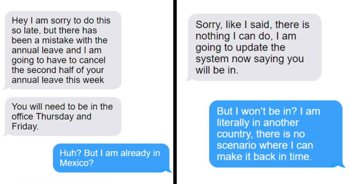 Delusional Boss Texts Employee Who's On Vacation And Tells Them To Cut It Short And Fly Home