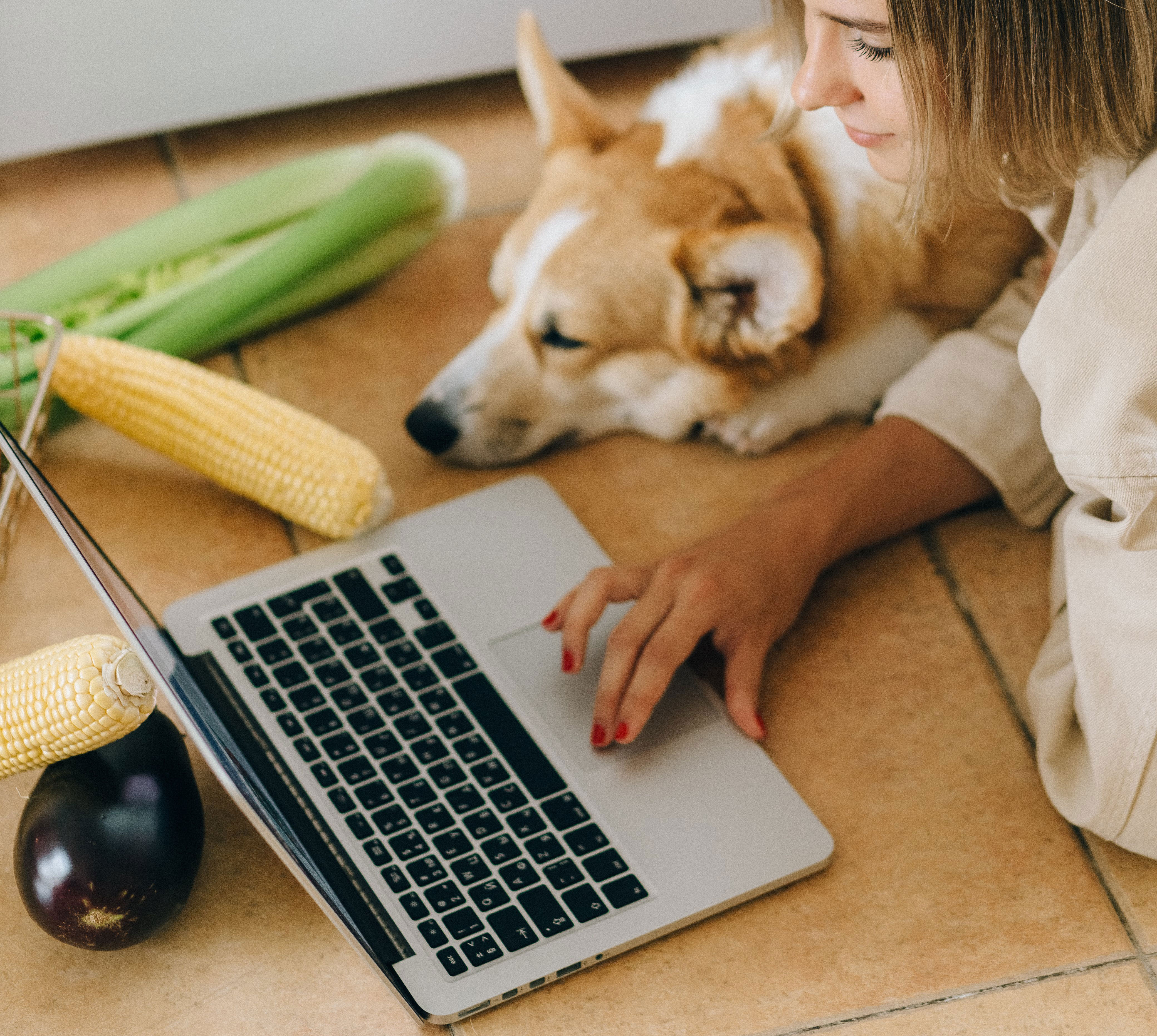 woman using a laptop with her dog