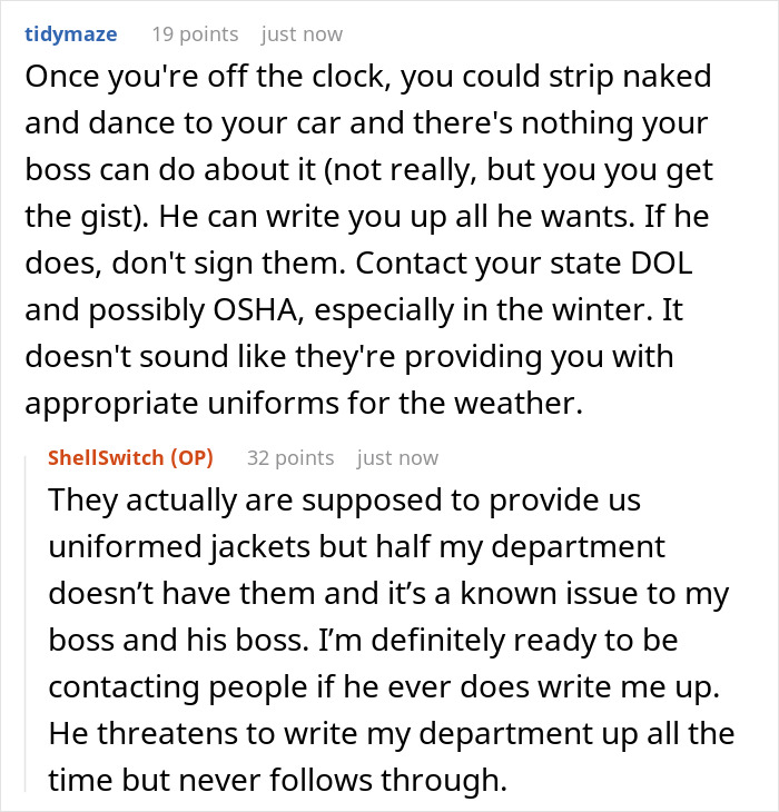 Boss Immaturely Threatens To Write Worker Up For Wearing A Sweater After Clocking Out