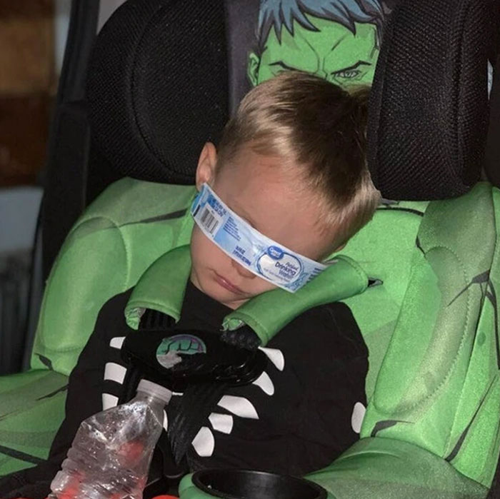 My Son (4) Apparently Peeled The Label Off Of His Water Bottle, Wrapped It Over His Eyes, And Fell Asleep Like This