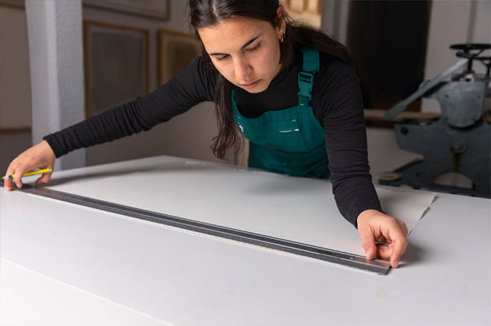 A close-up of a person measuring for a granite countertop.