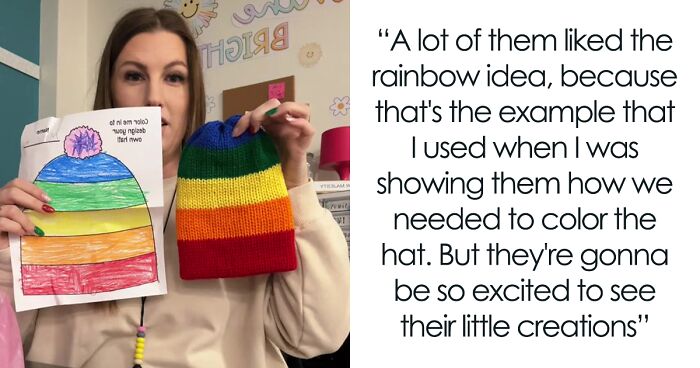 Teacher Surprises Class As Her Mom Makes Colorful Winter Hats Based On Their Drawings