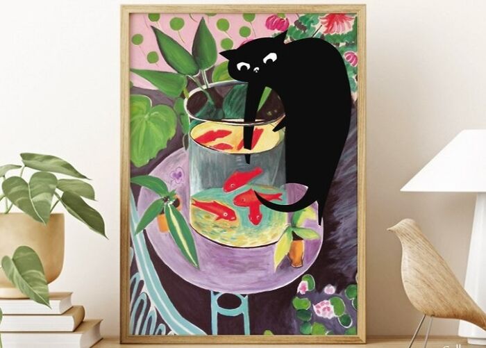 A Curious Black Cat And Vibrant Goldfish Collide In This Funny Cat Print, Serving Up A Whiskered Work Of Art That Would Make Matisse Purr With Pride.