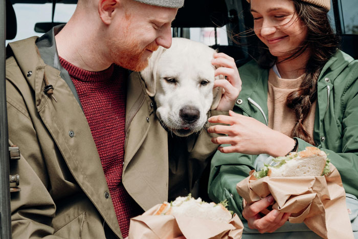 man petting a dog beside a woman