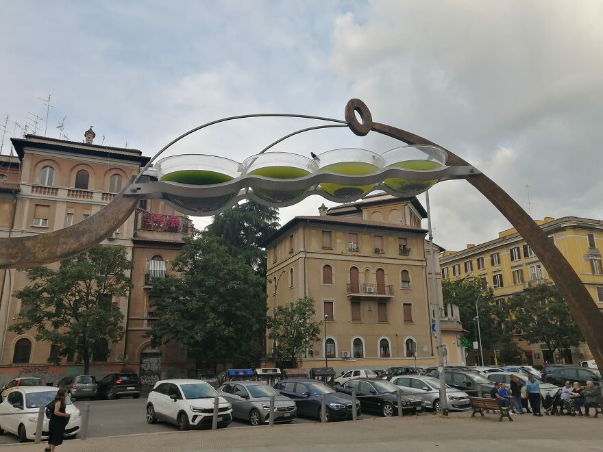 Monument With Plastic Bowls That Were Fully Intended To Fill With Slimy, Green Water. In Rome