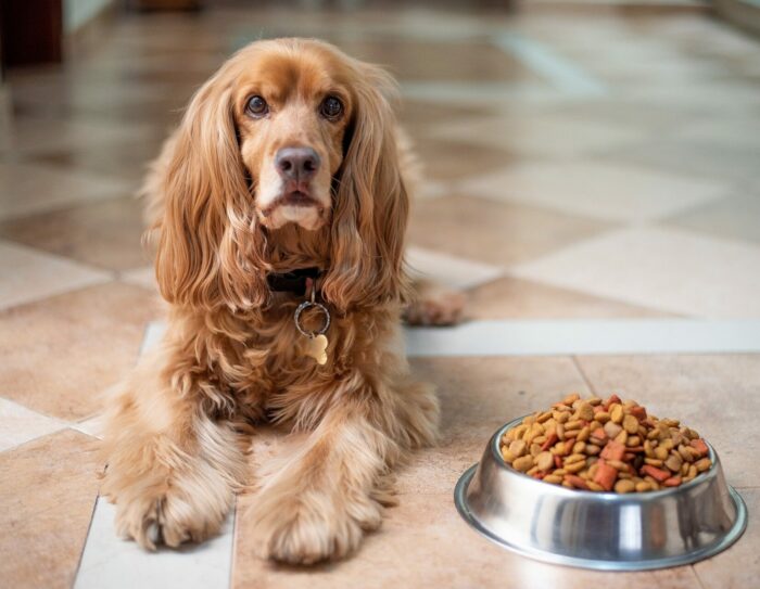 english cocker spaniel dog near bowl with food