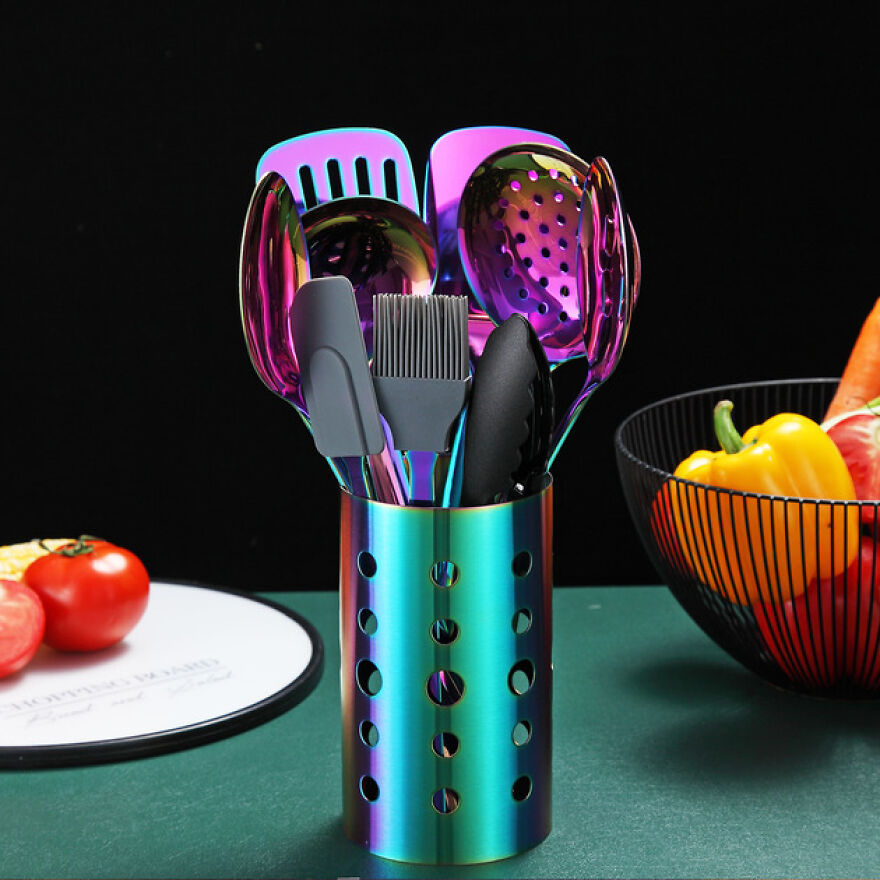 Brighten Up Your Kitchen With This 13-Piece Rainbow Plated Stainless Steel Utensils Set