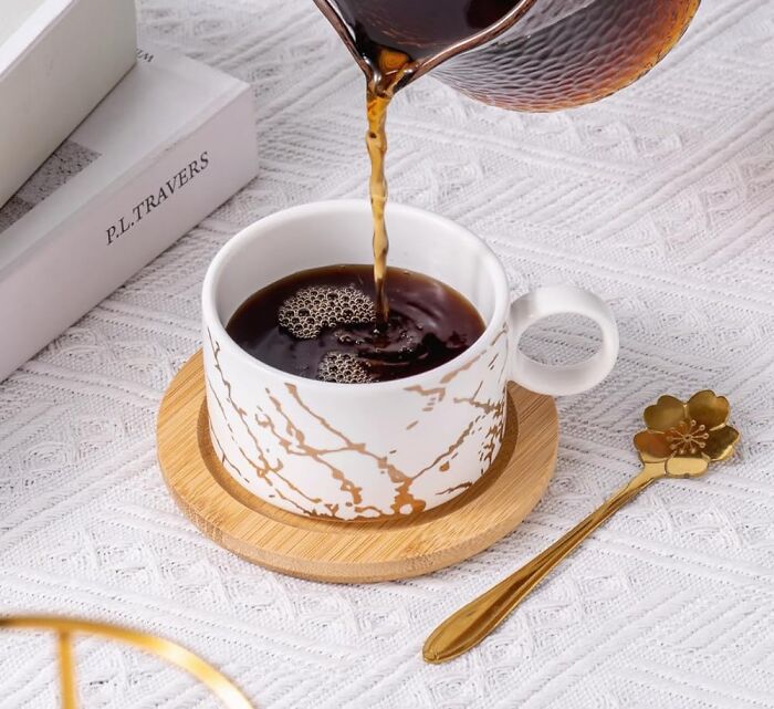 Experience Elegance With Jusalpha Golden Hand Print Teacup Coffee Cup Featuring Bamboo Saucer Set: Elevate Your Tea Time In Style!