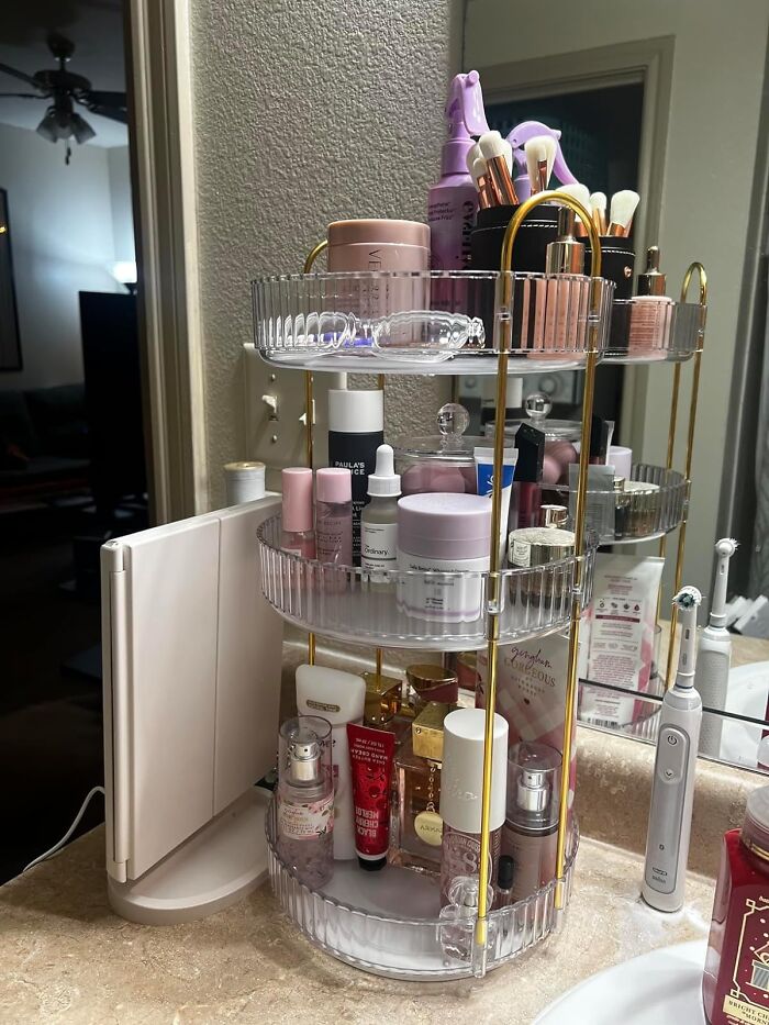 Spin Your Way To A Tidier Vanity With This 2 Tier Rotating Makeup Organizer