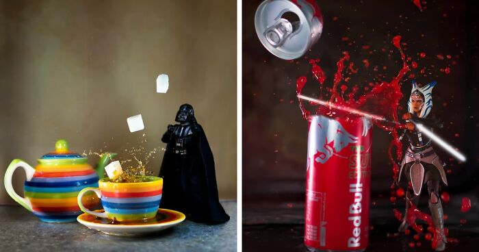 I Made Action Shots Of Pop-Culture Character Figurines And Various Drinks (16 Pics)