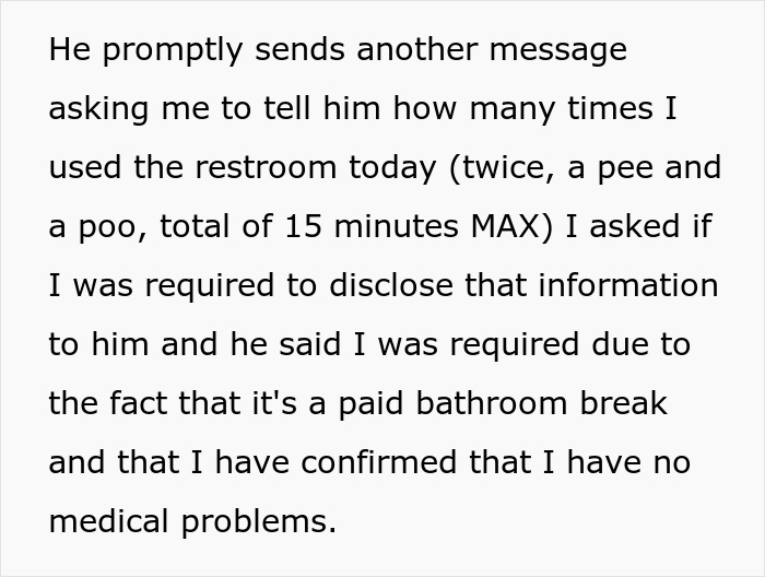 Person Doesn't Know How To Respond To Boss Asking Them How Many Times They Used The Bathroom