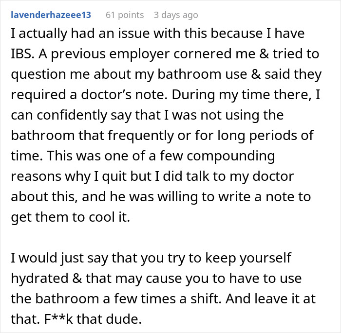 Person Doesn't Know How To Respond To Boss Asking Them How Many Times They Used The Bathroom