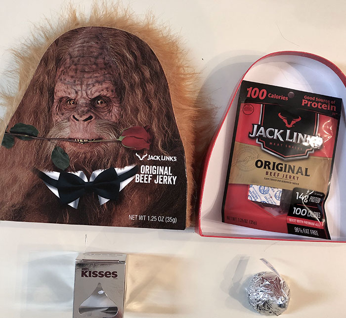 The 1.25 Oz Jack Links Sasquatch Valentine. I Included A 1.45 Oz Hershey's Kiss For Size Comparison. My Husband Was Very Sad