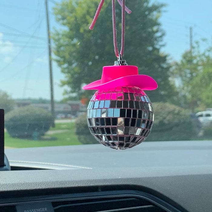 Sparkle Up Your Drive With A Pink Disco Ball And Cowboy Hat Combo That Makes Every Ride A Dance Party!