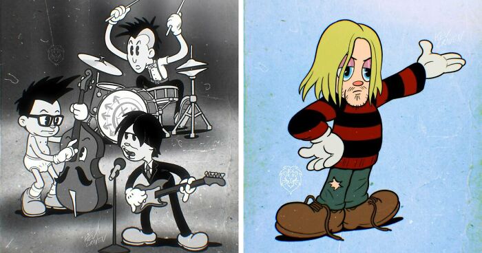 Artist Draws Famous Rock Stars In The Aesthetics Of 1930s Cartoon Style (20 Pics)