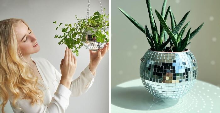 Bring A Touch Of Glam To Your Space With The Mirror Disco Planter: Complete With Chain, Macrame Hanger, And Acrylic Stand For Desk Décor!