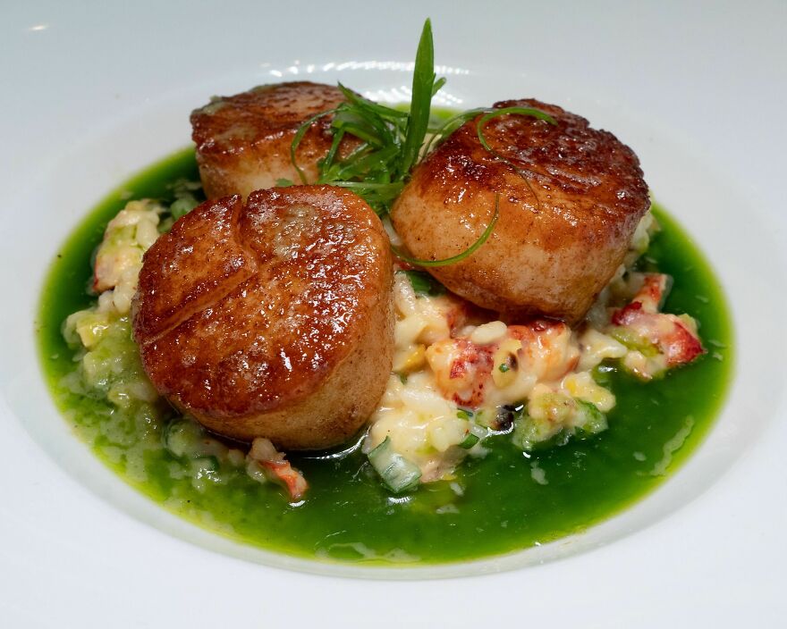 Scallops Over Lobster Risotto