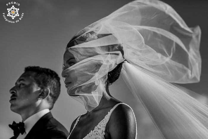 Bride with flowing veil and groom at sunset, an incredible wedding photo from 2024 by Premios FdB.