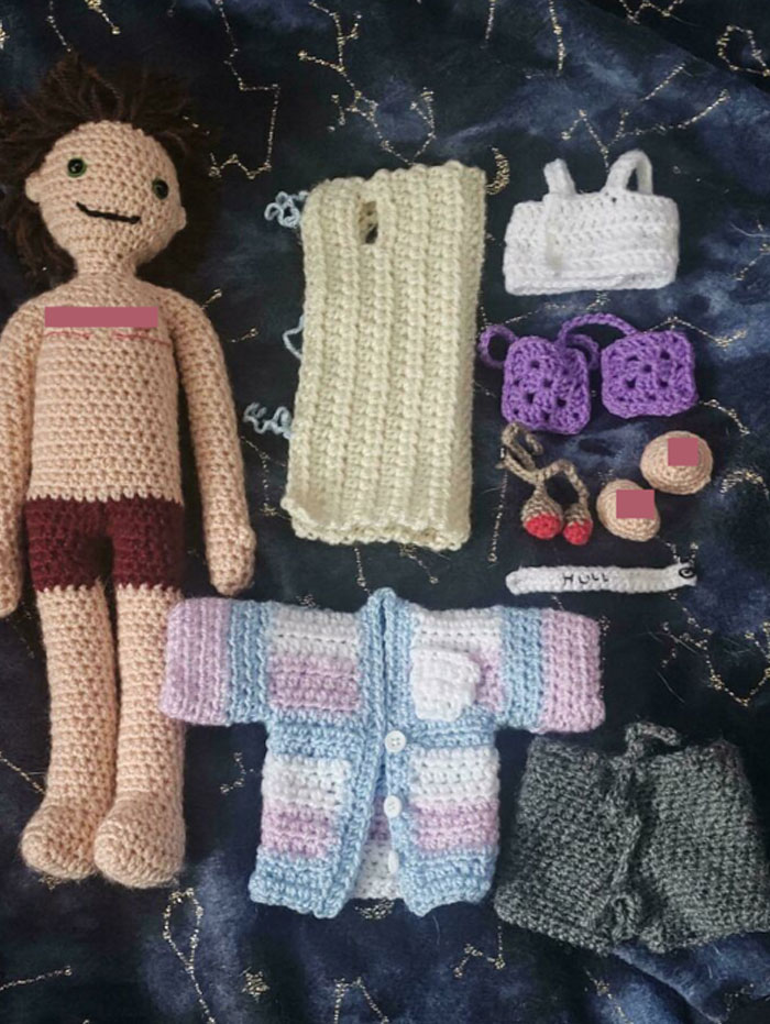 A Gift For My Surgeon After My Top Surgery. Top Surgery Tom With Removable Breasts, Hospital Gown, Binder, Drains, Drains Holder, Admission Bracelet, Shirt And Shorts