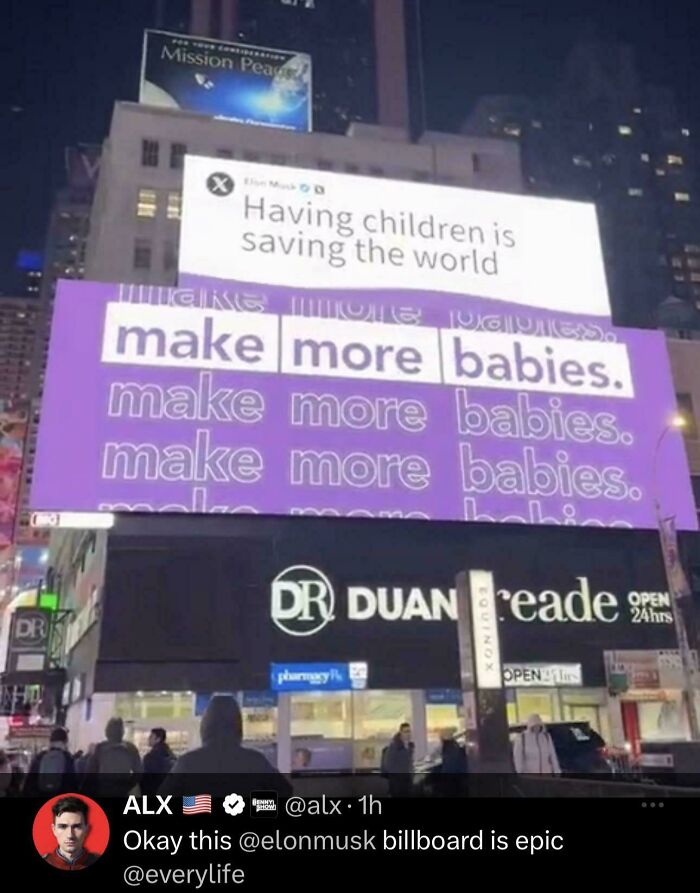 Billboard in urban setting with text promoting having more children, suggesting a dystopian theme.