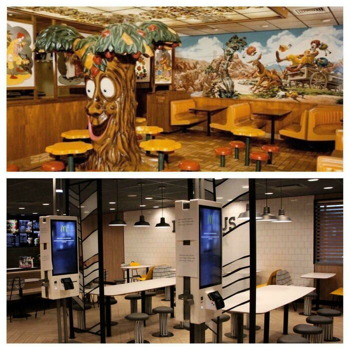 Two contrasting fast food restaurant interiors highlighting a boring dystopia theme.