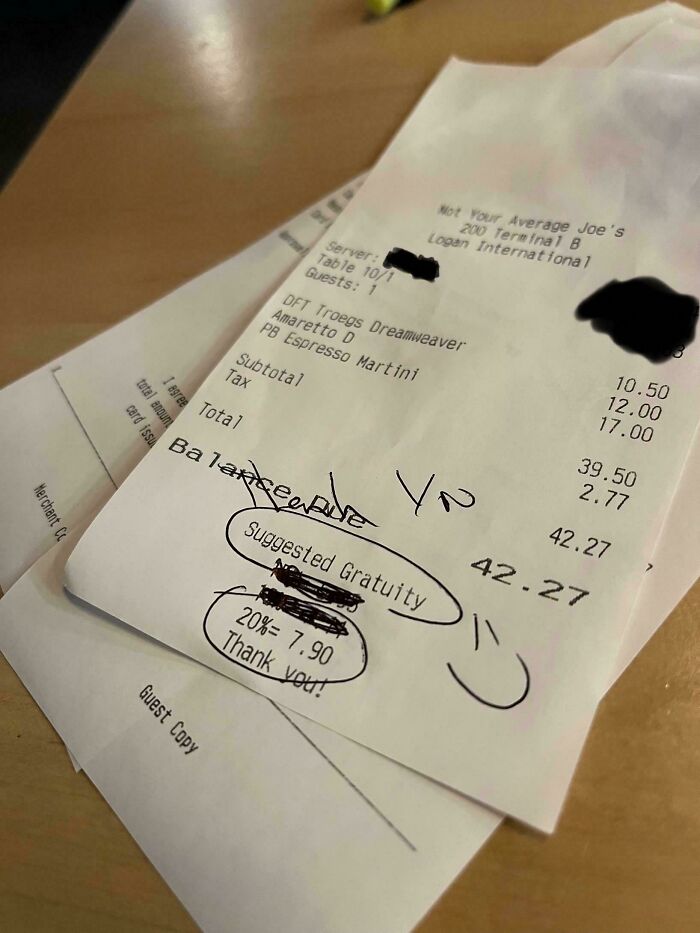 To Get A 20% Tip. We Had Three Glasses Of Water And Three Drinks. The Server Scribbled Over The Lesser Percentage Options And Circled What Was Expected