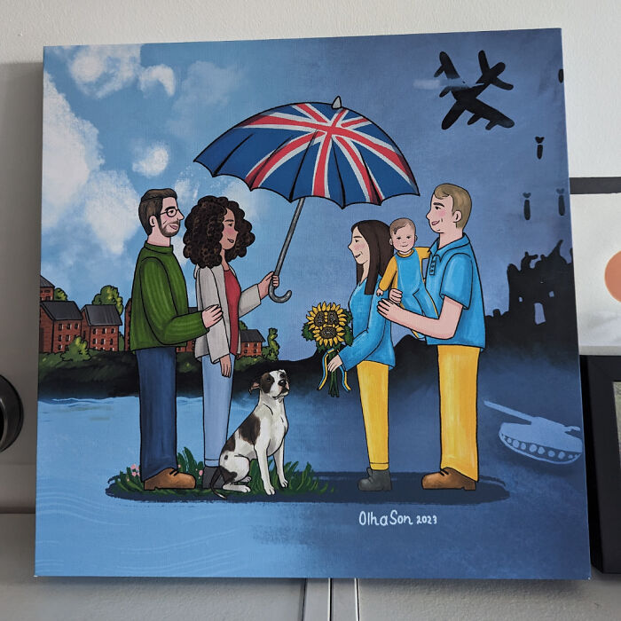 Cartoon of two couples in a British scene, holding a Union Jack umbrella, with a dog and baby, against a backdrop of British icons.