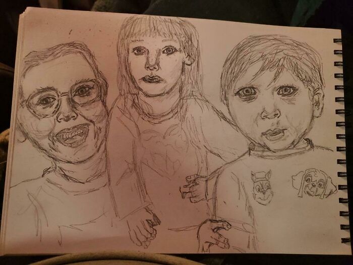 Update To Yesterday’s Post. A Neighbor Was Offering To Do Portrait Sketches For Free And You Guys Said I Should Do It. Here Are My Kids And I