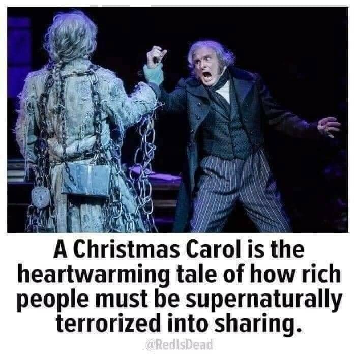 Actors in "A Christmas Carol" scene, conveying humor and despair, with text about wealthy generosity.