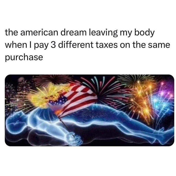 Funny post of a glowing figure with an American flag leaving the body, symbolizing "the American dream" amid fireworks.