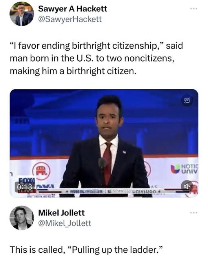 Man opposes birthright citizenship; ironic tweet highlights the contradiction, evoking laughter and despair.