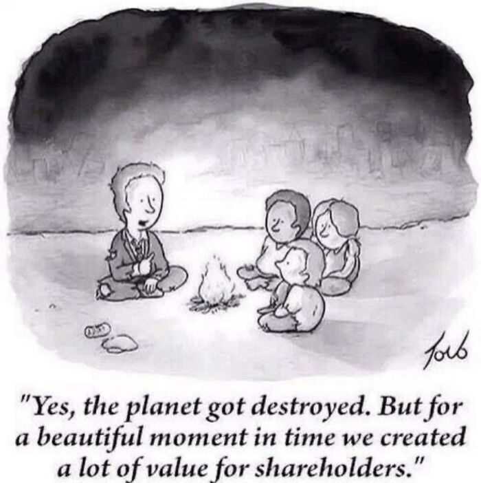 Cartoon of people around a campfire with a humorous, dark twist about corporate values and planet destruction.