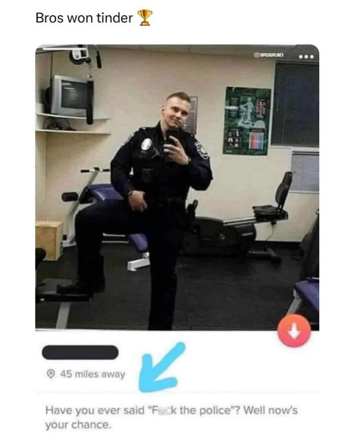 Policeman posing in a gym for a Tinder profile, showcasing humor and irony.