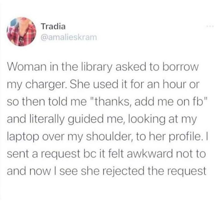 Library interaction turns awkward with a rejected friend request, capturing humor and sadness simultaneously.