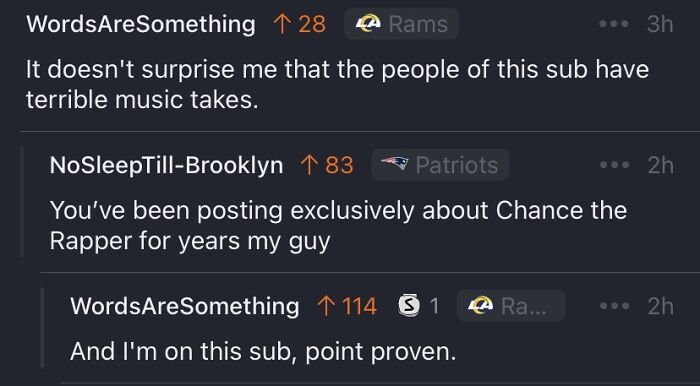 Reddit comments exchange with a humorous comeback about music tastes.