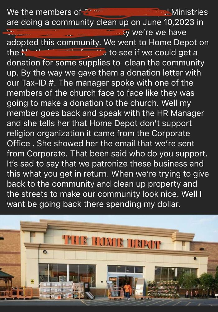 Local Ministry Trying To Cancel A Home Depot For Not Donating To A Charity Event They Want To Host