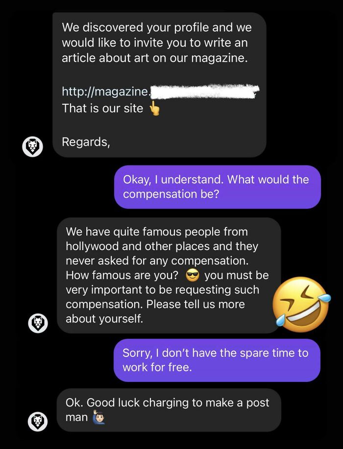 A Magazine Asked Me To Write For Them. This Was Their Response When I Asked About Pay