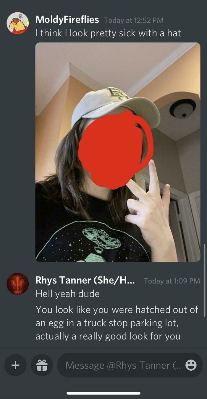 Person wearing a hat receives a rare compliment on their unique style in an online chat.