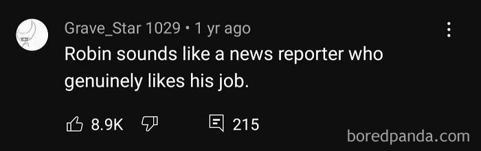 Comment praising Robin, comparing him to a happy news reporter.