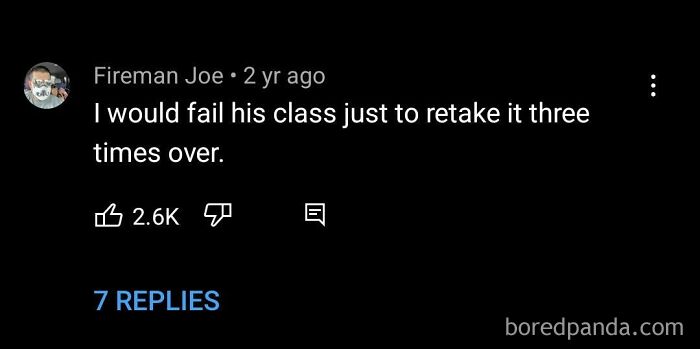 Screenshot of a rare compliment comment about retaking a class, with 2.6K likes and 7 replies.