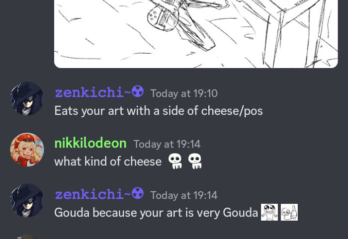 Chat exchange sharing a rare compliment about art, humorously likening it to tasty gouda cheese.