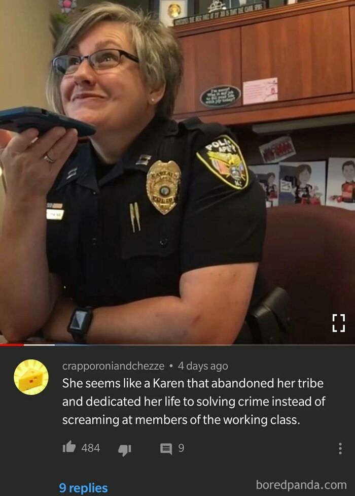 Police officer smiling while holding a phone, with a humorous online comment about rare compliments below.