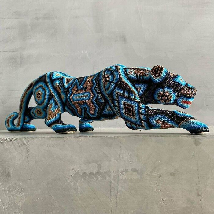 Jaguar Sculpture I Made! This Was Carved In Wood And Then Decorated With Thousands Of Crystal Beads, This Art Form Is Native To My Country, Called Huichol Art