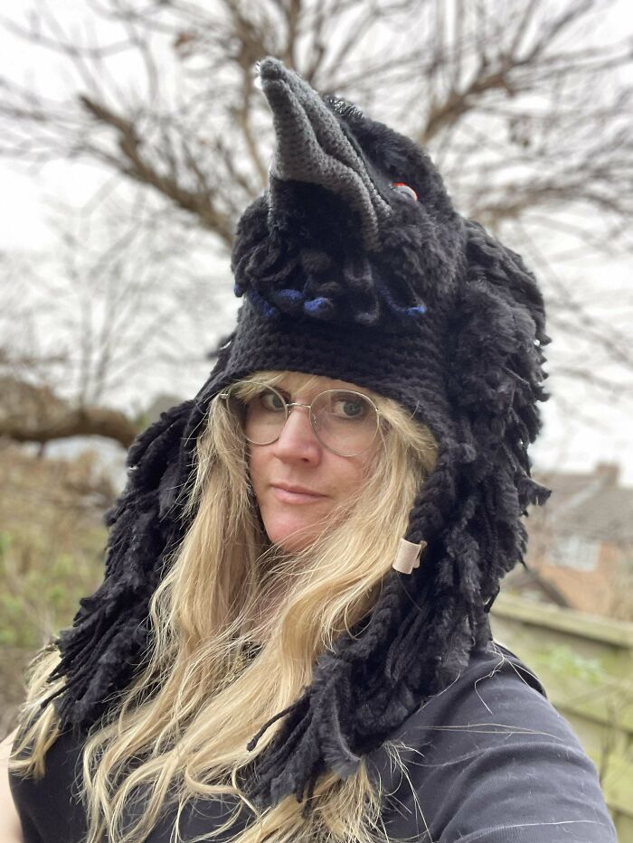 I’ve Been Crocheting Bird Hats. Here’s The First 2. A Raven And An Owl. I’m Really Tempted To Try A Cockatoo.🤣